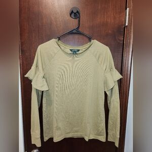 Lauren Ralph‎ Lauren Olive Green Ruffle Sleeve Long Sleeve Top 100 Cotton Small